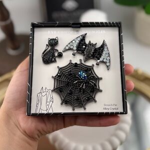 Gothic  Brooch Set – Black Cat, Bat & Spider Web Crystal Pins